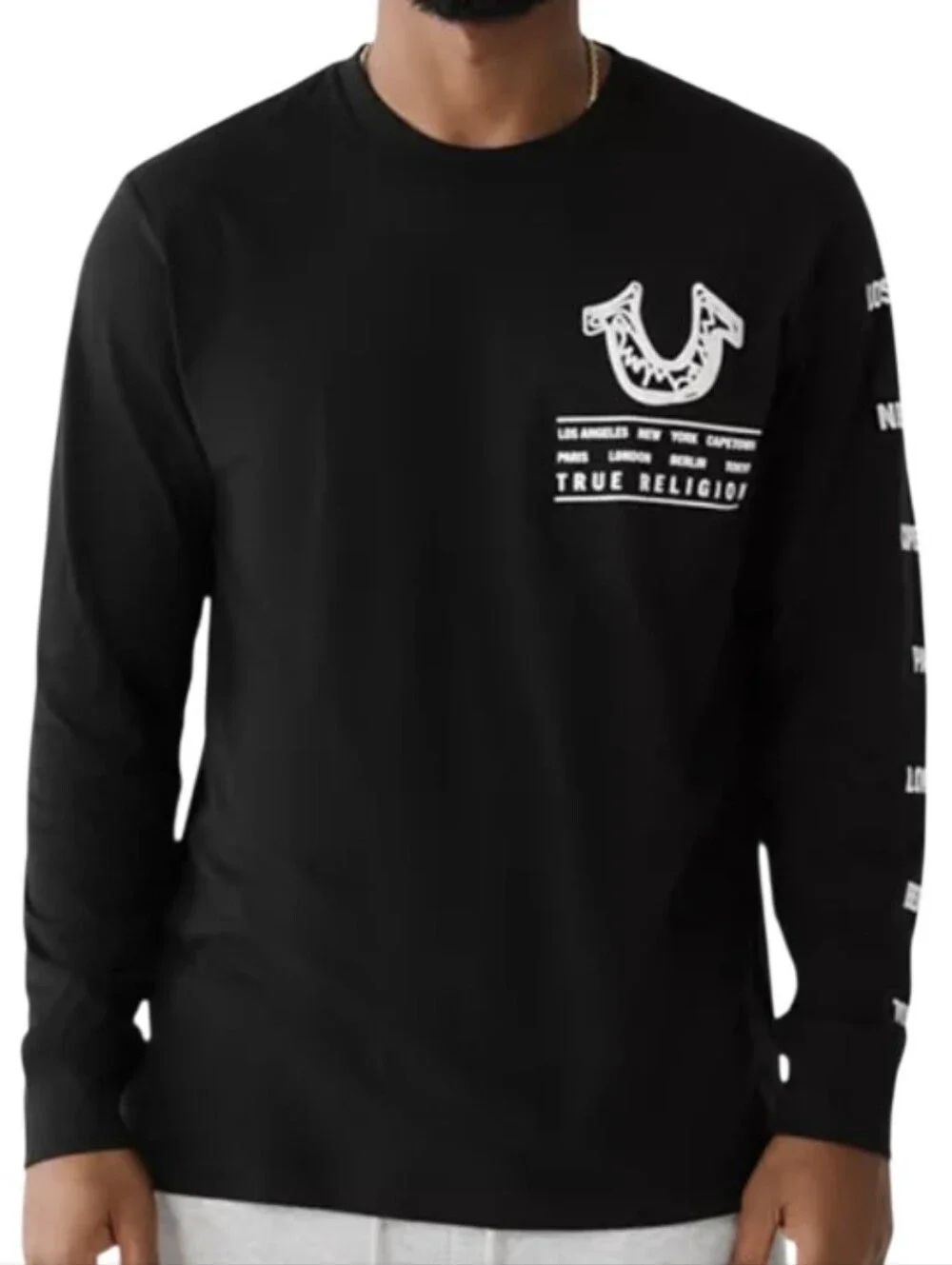 True Religion Men Long-Sleeve Logo World Tour Graphic Tee - Black & White Size M